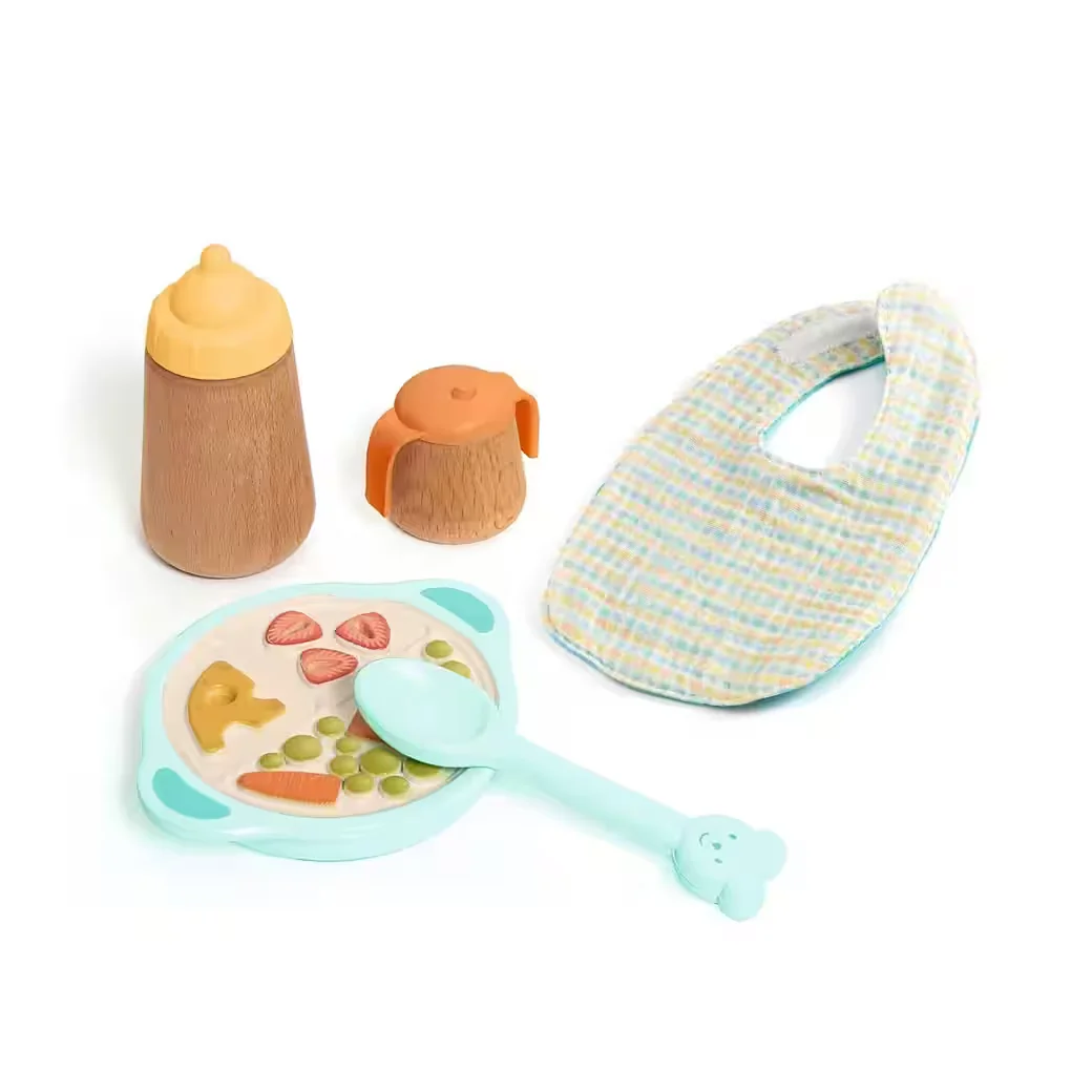 DJECO Puppen Accessoires Set Lunch Set Holz Teller Flasche