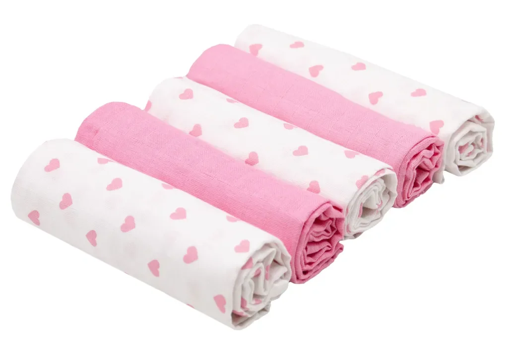 5er Set Spucktücher 100 Prozent Baumwolle 80x80 cm rosa weiß Herzen