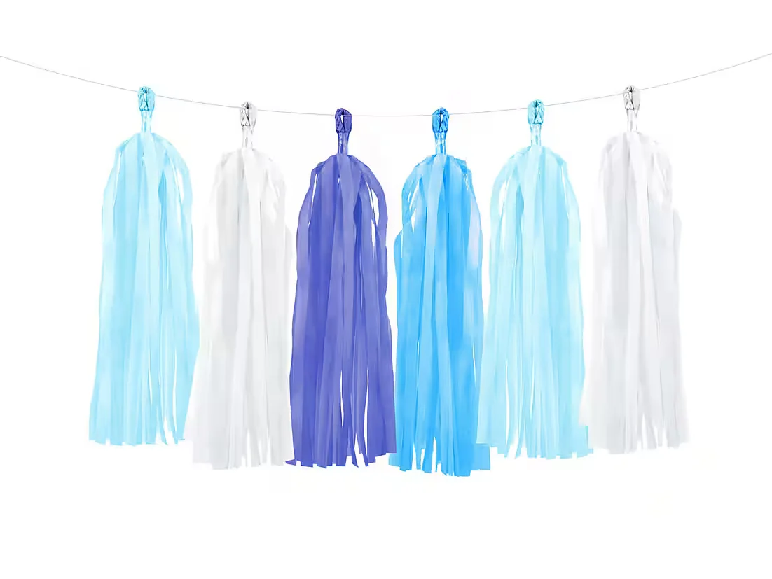 PARTYDECO Quastengirlande Weiß Blau 200 cm 12er Set